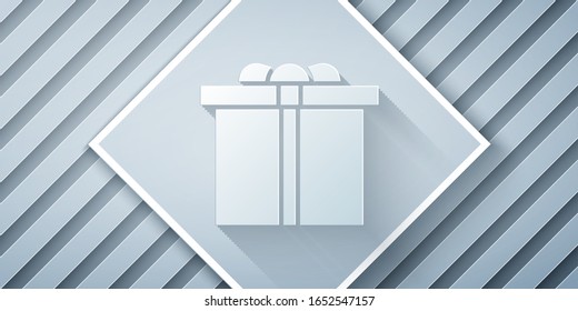 Paper cut Gift box icon isolated on grey background. Happy Birthday. Paper art style. Vector Illustration
