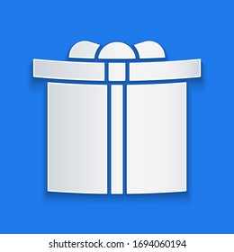 Paper cut Gift box icon isolated on blue background. Happy Birthday. Paper art style. Vector Illustration