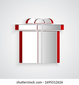 Icono de la caja de regalo de corte de papel aislado en fondo gris. Feliz cumpleaños. Estilo de arte de papel. Ilustración vectorial