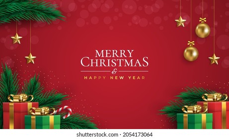 Paper cut with gift, snow, and christmas tree on red background. Snowflake holiday banner for Christmas and New Year Design. Vector illustration