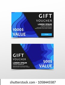 Paper Cut Gift Voucher from blue smooth forms with shadows. Vector abstract paper background. Discount coupon for recovery, purchase of things and entertainment services.