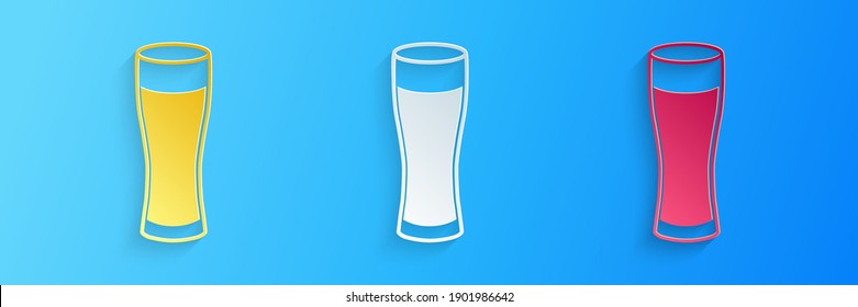Paper cut Glass of beer icon isolated on blue background. Paper art style. Vector.