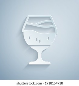 Paper cut Glass of beer icon isolated on grey background. Paper art style. Vector.