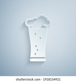 Paper cut Glass of beer icon isolated on grey background. Paper art style. Vector.