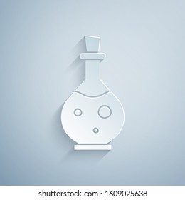Paper cut Glass bottle with magic elixir icon isolated on grey background. Computer game asset. Paper art style. Vector Illustration