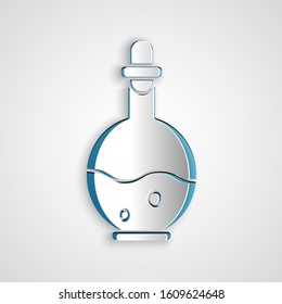 Paper cut Glass bottle with magic elixir icon isolated on grey background. Computer game asset. Paper art style. Vector Illustration