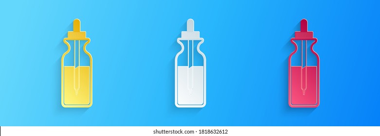 Glasflasche mit Papierschnitt mit Pipette. Durchstechflasche mit einer Pipette im Inneren und Deckel Symbol einzeln auf blauem Hintergrund. Behälter für medizinische und kosmetische Mittel. Kunststil aus Papier. Vektorgrafik.