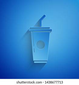 Paper cut Paper glass with drinking straw and water icon isolated on blue background. Soda drink glass. Fresh cold beverage symbol. Paper art style. Vector Illustration