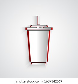 Paper cut Paper glass with drinking straw and water icon isolated on grey background. Soda drink glass. Fresh cold beverage symbol. Paper art style. Vector Illustration