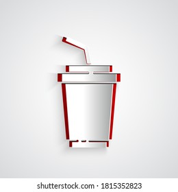 Paper cut Paper glass with drinking straw and water icon isolated on grey background. Soda drink glass. Fresh cold beverage symbol. Paper art style. Vector