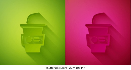 Paper cut Paper glass with drinking straw and water icon isolated on green and pink background. Soda drink glass. Fresh cold beverage symbol. Paper art style. Vector