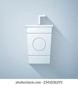 Paper cut Paper glass with drinking straw and water icon isolated on grey background. Soda drink glass. Fresh cold beverage symbol. Paper art style. Vector Illustration