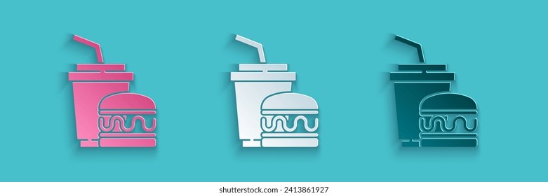 Corte de papel Vidrio de papel con paja de bebida e icono de hamburguesa aislado en fondo azul. El cartel de bebida refrescante acuática. Hamburguesa, sándwich de hamburguesa de queso. Estilo de arte de papel. Vector