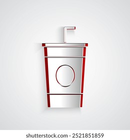 Paper cut Paper glass with drinking straw and water icon isolated on grey background. Soda drink glass. Fresh cold beverage symbol. Paper art style. Vector Illustration