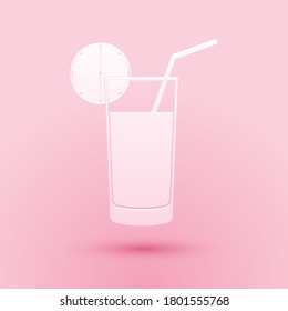 Paper cut Glass of juice icon isolated on pink background. Orange slice and tube for drinking. Healthy organic food. Paper art style. Vector.