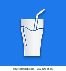 Paper cut Glass of juice icon isolated on blue background. Tube for drinking. Healthy organic food. Citrus fruit. Paper art style. Vector