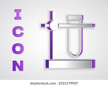 Paper cut Glass test tube flask on stand icon isolated on grey background. Laboratory equipment. Paper art style. Vector