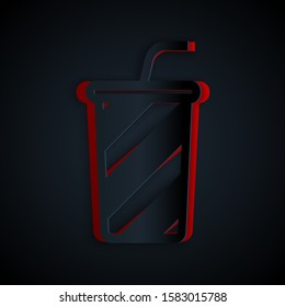 Paper cut Glass with water icon isolated on black background. Soda drink glass with drinking straw. Fresh cold beverage symbol. Paper art style. Vector Illustration