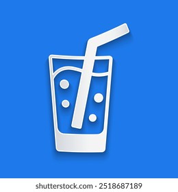 Paper cut Glass with water icon isolated on blue background. Soda glass. Paper art style. Vector