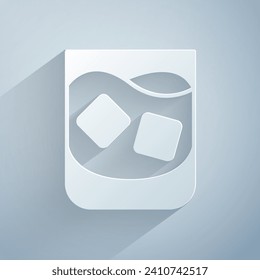 Paper cut Glass of whiskey and ice cubes icon isolated on grey background. Paper art style. Vector