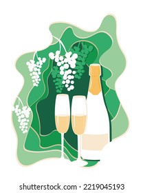 Paper Cut White Wine with Glasses and Bunches of grapes, bottle and wine glasses silhouettes, Vector illustration. Restaurant Menu, Poster, Banner, Flyer Template.