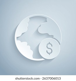 Paper cut Global economic crisis icon isolated on grey background. World finance crisis. Paper art style. Vector