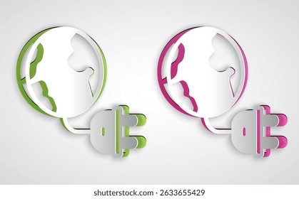 Paper cut Global energy power planet with plug icon isolated on grey background. Ecology concept and environmental. Paper art style. Vector