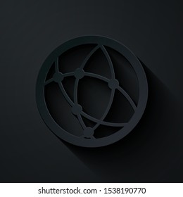 Paper cut Global technology or social network icon isolated on black background. Paper art style. Vector Illustration