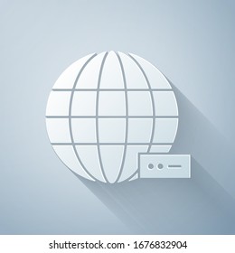 Paper cut Global technology or social network icon isolated on grey background. Paper art style. Vector Illustration