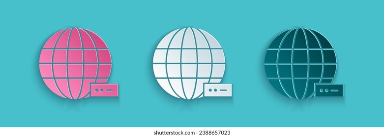 Paper cut Global technology or social network icon isolated on blue background. Paper art style. Vector Illustration