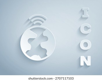 Paper cut Global technology or social network icon isolated on grey background. Paper art style. Vector