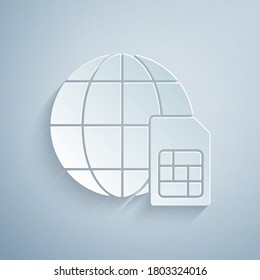 Paper cut Globe 5G Sim Card icon isolated on grey background. Mobile and wireless communication technologies. Network chip electronic connection. Paper art style. Vector.
