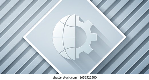 Paper cut Globe of the Earth and gear or cog icon isolated on grey background. Setting parameters. Global Options. Paper art style. Vector Illustration