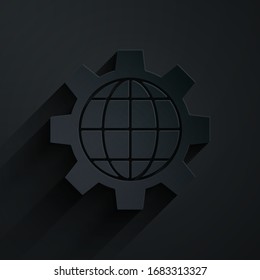 Paper cut Globe of the Earth and gear or cog icon isolated on black background. Setting parameters. Global Options. Paper art style. Vector Illustration