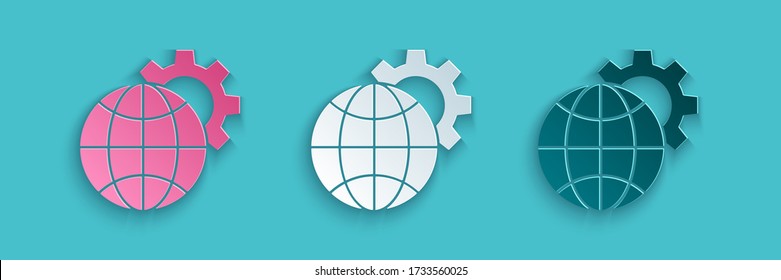 Paper cut Globe of the Earth and gear or cog icon isolated on blue background. Setting parameters. Global Options. Paper art style. Vector Illustration