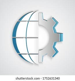 Paper cut Globe of the Earth and gear or cog icon isolated on grey background. Setting parameters. Global Options. Paper art style. Vector Illustration