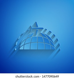Paper cut Globe with flying plane icon isolated on blue background. Airplane fly around the planet earth. Aircraft world icon. Paper art style. Vector Illustration