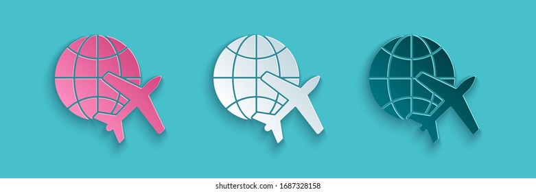 Paper cut Globe with flying plane icon isolated on blue background. Airplane fly around the planet earth. Aircraft world icon. Paper art style. Vector Illustration