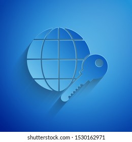 Paper cut Globe key icon isolated on blue background. Paper art style. Vector Illustration