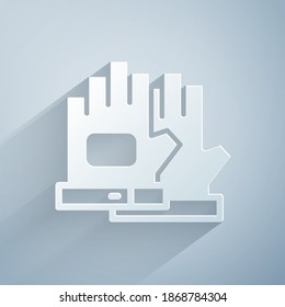 Paper cut Gloves icon isolated on grey background. Extreme sport. Sport equipment. Paper art style. Vector