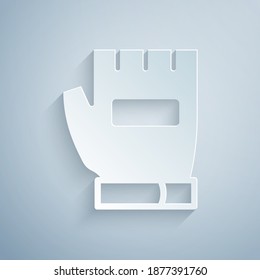 Paper cut Gloves icon isolated on grey background. Extreme sport. Sport equipment. Paper art style. Vector.