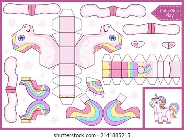 Paper cut and glue game. 3d toy of unicorn. Kids craft template actives education worksheet. Children riddle create model of animal. Printable vector birthday activity party ideas. - Shutterstock ID 2141885215