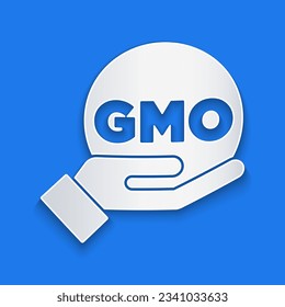 Paper cut GMO icon isolated on blue background. Genetically modified organism acronym. Dna food modification. Paper art style. Vector