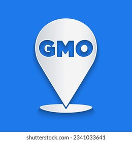 Paper cut GMO icon isolated on blue background. Genetically modified organism acronym. Dna food modification. Paper art style. Vector