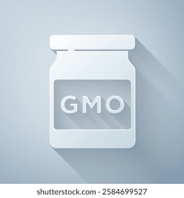 Paper cut GMO icon isolated on grey background. Genetically modified organism acronym. Dna food modification. Paper art style. Vector