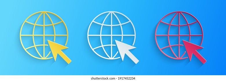 Paper cut Go To Web icon isolated on blue background. Globe and cursor. Website pictogram. World wide web symbol. Paper art style. Vector.
