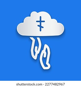 Paper cut God's helping hand icon isolated on blue background. Religion, bible, christianity concept. Divine help. Paper art style. Vector