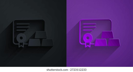 Paper cut Gold bars with certificate icon isolated on black on purple background. Banking business concept. Paper art style. Vector