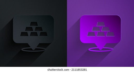 Paper cut Gold bars icon isolated on black on purple background. Banking business concept. Paper art style. Vector