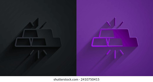 Paper cut Gold bars icon isolated on black on purple background. Banking business concept. Paper art style. Vector